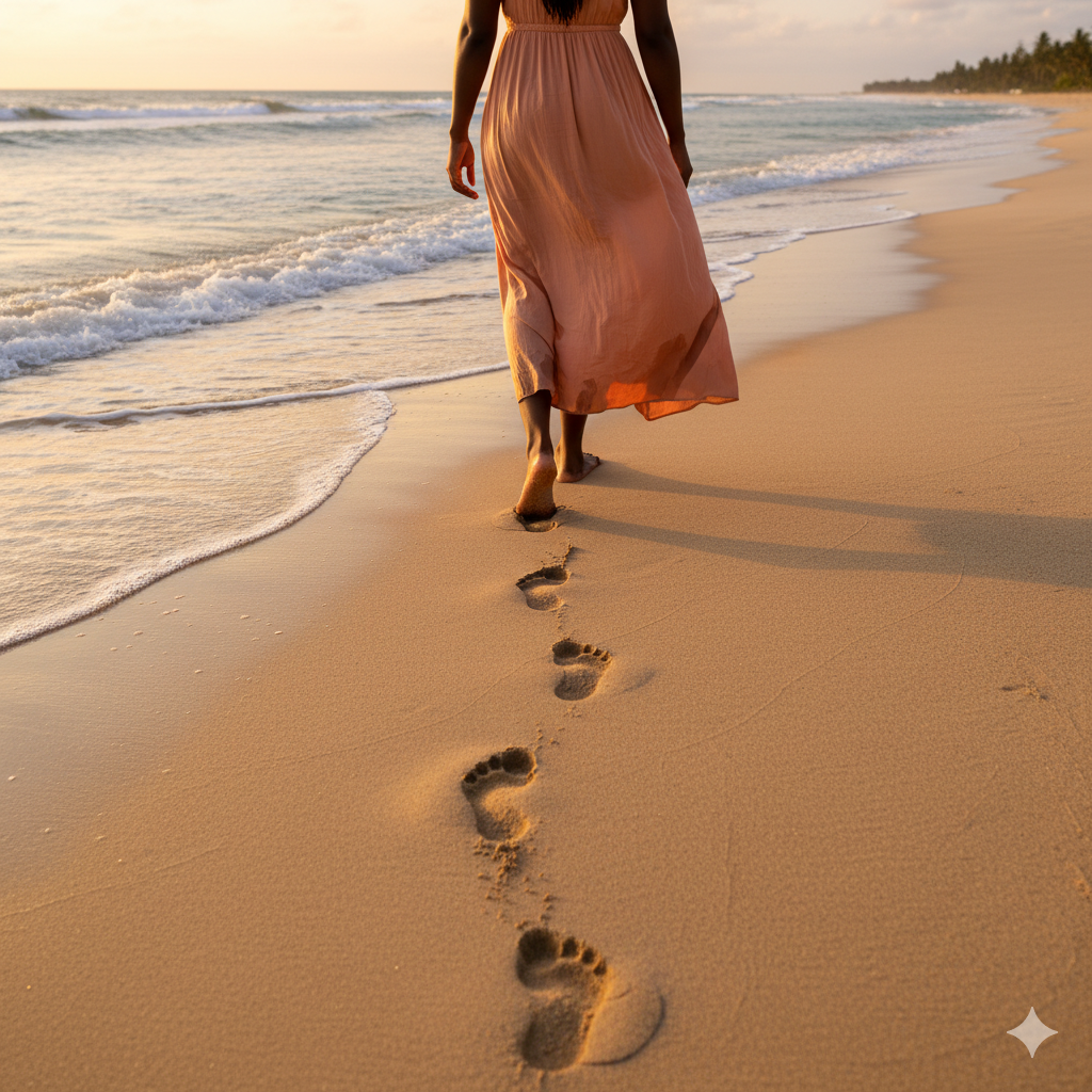 Woman walking in sunrise